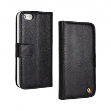 iPhone SE 5 5s - Top Quality Genuine Leather 2 in 1 Detachable Magnetic Flip Wallet Protective Phone Cover Case - Black